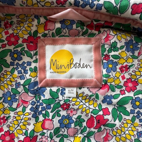 MINI BODEN Hooded Sherpa Vest Girls 6-7 122cm Green Faux Fur Floral Lining Hood - Picture 6 of 7